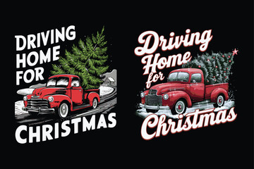 Red truck hauling Christmas tree winter scene snow