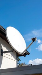 White satellite dish on house roof against blue sky