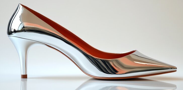 Elegant Silver Metallic High Heel Shoe with Red Interior in Studio Setting