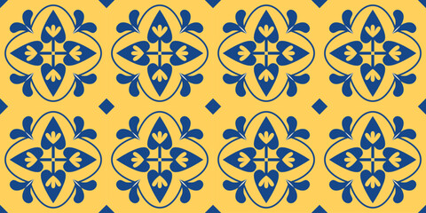 Floral geometric seamless pattern. Arabic motif. Mediterranean tiles. Portugal, Italian, Moroccan, Turkish, Spanish, Damask background, wallpaper. Vector.