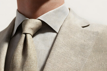 A mockup of a classic business suit, featuring a crisp blazer with subtle texture and fine stitching details