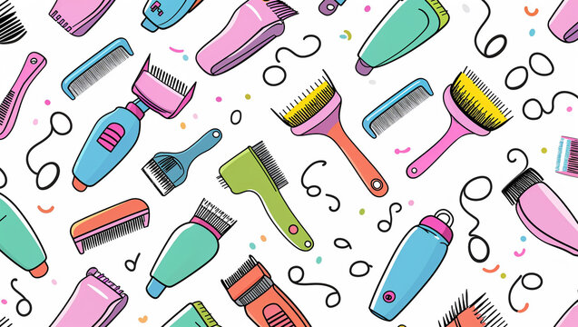 Colorful hairdressing tools seamless pattern against white background for salon and beauty concepts