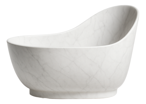 An asymmetrical cast marble bathtub with a high backrest for ultimate comfort in a cottage bathroom.