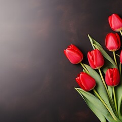 A bouquet of red tulips arranged on a dark background. The flowers have vibrant petals and green leaves,text, copy space, holliday