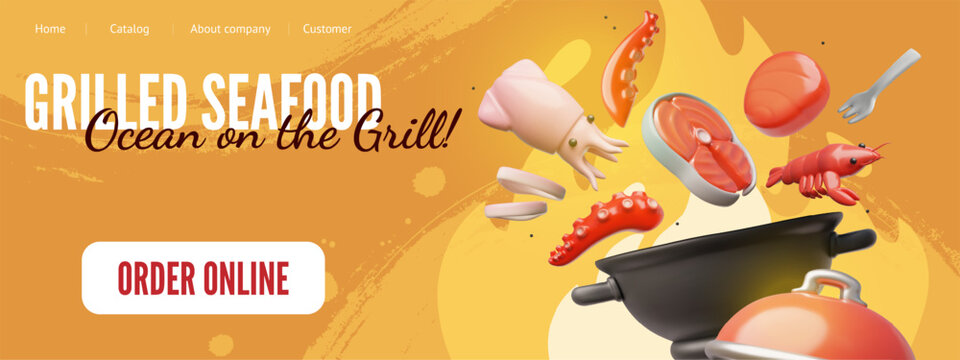 3D banner for online store with online sale of grilled seafood. BBQ festival.