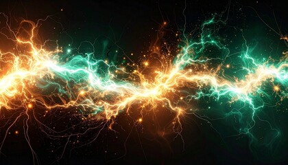 Cyan and orange lightning bolts colliding on dark background