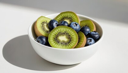 A white bowl contains sliced green kiwis and fresh blueberries. The background is bright and minimalistic