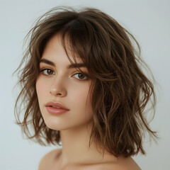 Young woman with tousled wavy hair and minimal makeup on a clean background