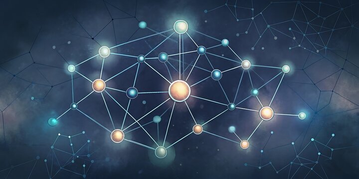 A glowing network of interconnected nodes and lines represents a complex digital communication system.