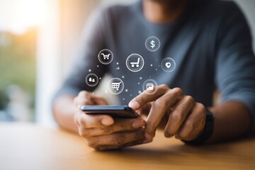 Person using a smartphone with digital shopping icons overlaid