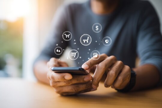 Person using a smartphone with digital shopping icons overlaid