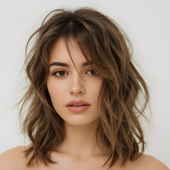 Fototapeta premium Young woman with tousled wavy hair and minimal makeup on a clean background