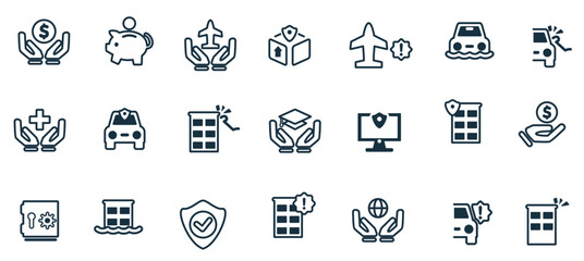 Insurance icon set. Protection of health, life and property, linear design. Line with editable 