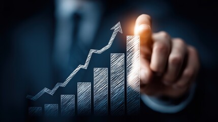Businessman's hand pointing at upward arrow on graph bar chart with dark background, business growth concept representing idea success, website traffic increase and technology symbols