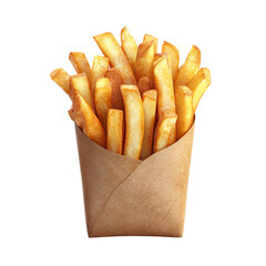 A close up of a paper cone filled with freshly fried golden french fries on a black background space