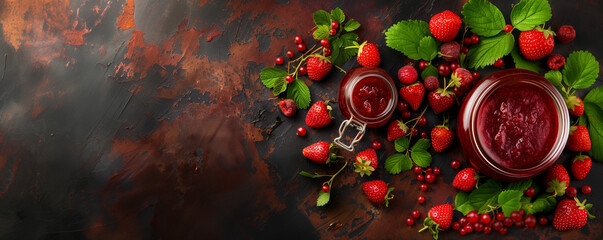 Homemade strawberry and raspberry jam in glass jar, berries scattered around on dark rustic table, natural light with copy space in dark background
