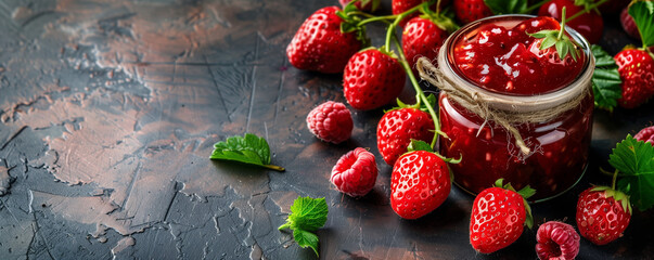 Bright ripe strawberries and raspberries on a dark wooden table background, next to an open jar of jam with copy space