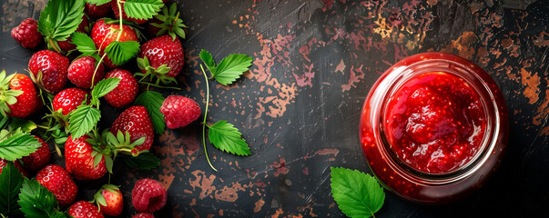 Close-up of red strawberries scattered on textured dark wooden background, fresh jam in glass jar nearby. emphasis on freshness and juiciness with copy space