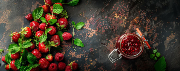Jar of homemade strawberry jam on dark wooden table, fresh strawberries nearby, with copy space in dark style