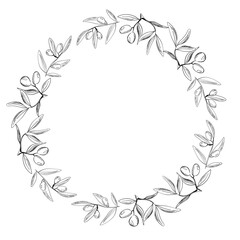 A hand-drawn illustration features an olive branch wreath with delicate leaves and fruit. This design can be used for invitations, labels, and other decorative purposes throughout the year.