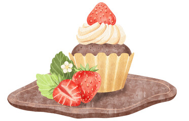Illustration of watercolor muffin with strawberry and whipped cream for design menu isolated.