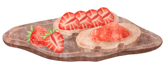 Clip art of watercolor sandwiches with strawberry jam and sliced strawberries