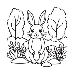 line art cute Rabbit in forest set bundle coloring page for kids