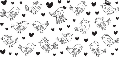 Fototapeta premium A cute illustrated birds and hearts pattern, black and white. A lovely design of bird with heart decoration for background use
