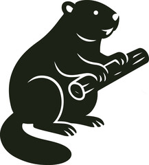Cartoon Beaver Silhouette Holding Log with Flat Tail