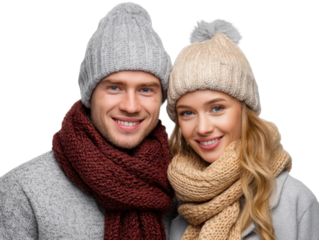 Warm Embrace: A young couple, bundled in cozy winter wear, radiates warmth and smiles, capturing the essence of shared joy and comfort against the backdrop of a chilly day.