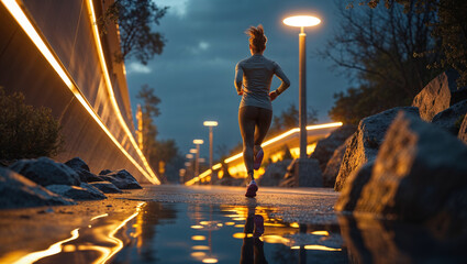 Female runner exercising outdoors during dusk near illuminated wall and reflective puddle