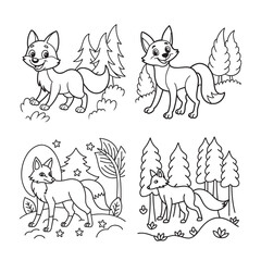 line art cute fox walking in forest set bundle coloring page for kids
