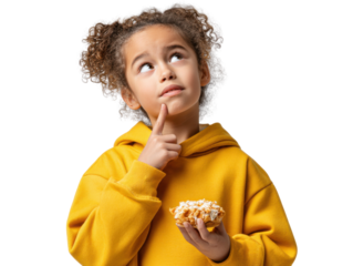 Curious Child Ponders Donut: A little girl, clad in a warm yellow hoodie, gazes thoughtfully upwards while holding a delicious donut, pondering her next bite with an expression of curiosity.