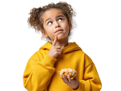 Curious Child Ponders Donut: A little girl, clad in a warm yellow hoodie, gazes thoughtfully upwards while holding a delicious donut, pondering her next bite with an expression of curiosity.