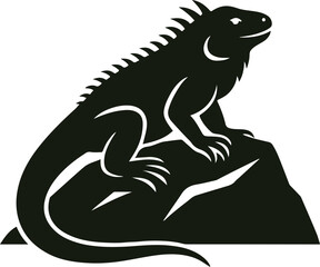 Iguana Silhouette Resting on Jagged Rock with Spiky Back and Calm Expression