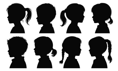 Set of eight children's profile silhouettes with varied hairstyles—illustrating youth diversity, innocence, and playful graphic simplicity