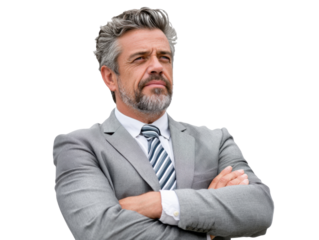 Businessman's Vision: A focused business professional exudes confidence and determination, arms crossed, gazing towards the future, embodying leadership and professional attire.