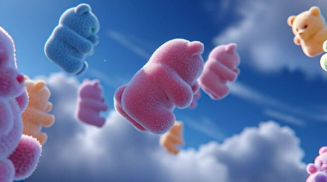 Colorful gummy bears floating in a blue sky with fluffy clouds. The bears are pink and blue, resembling candy. A whimsical and playful scene.