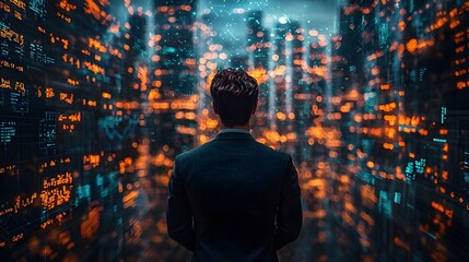 A businessman contemplates a shattered digital data graph symbolizing failed business goals