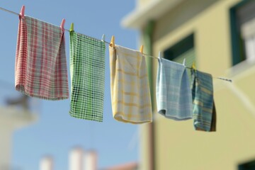 Colorful dish towels hanging on a clothesline in a sunny outdoor setting