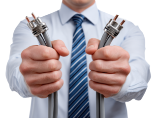 Connectivity: An image of a business professional holding two coaxial cables with meticulous attention. A symbol of connection, digital communication, and technical prowess. 