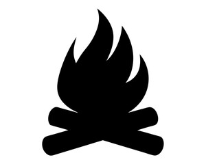 Campfire silhouette with bright orange flames and logs illustration on white