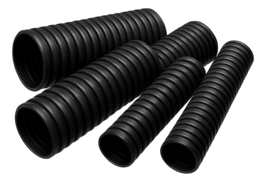 Corrugated polyethylene pipes used in a suburban home's yard to create a French drain system for efficient water removal.