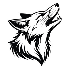 Stylized black and white wolf head illustration with open mouth and upward gaze—capturing primal strength, howling motion, and wild essence