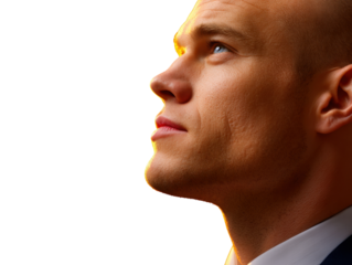 Man's Vision and Determination: A close-up shot of a determined man, his gaze fixed upwards with unwavering focus, embodying ambition and clarity. 
