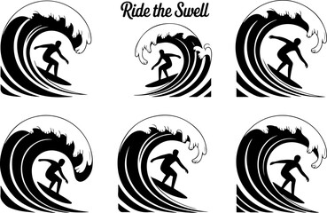 Obraz premium Surfer Silhouettes – Vector Illustration of Surfing on Waves