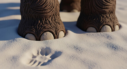 Close-up of elephant feet sinking into white sand, leaving a footprint.