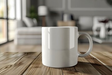 Fototapeta premium A blank white mug on a wooden table in a cozy living room during the day
