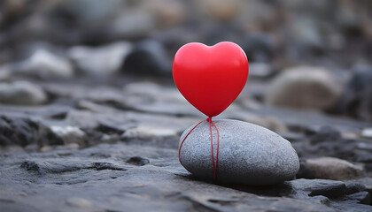 Obraz premium Red balloon tied to stone showcasing freedom and weight concepts