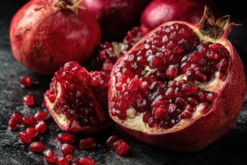 Deep red pomegranates, one halved revealing juicy arils, scattered seeds on dark surface; close-up, rich texture